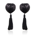 Copricapezzoli autoadesivi con paillettes a forma di cuore e nappa, LATETOBED BDSM LINE, nero