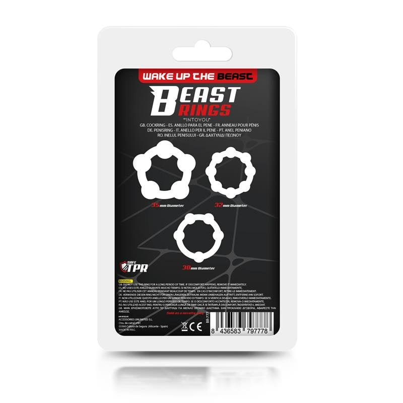 ANELLI BEAST Set di 3 anelli per pene flessibili trasparenti con perline