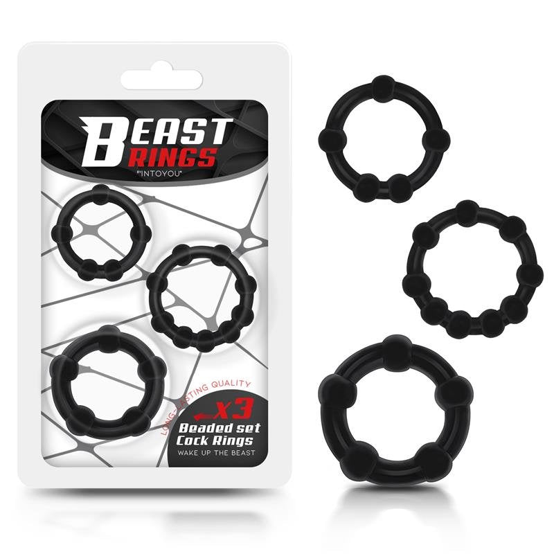 ANELLI BEAST Set di 3 anelli per il pene flessibili con perline neri